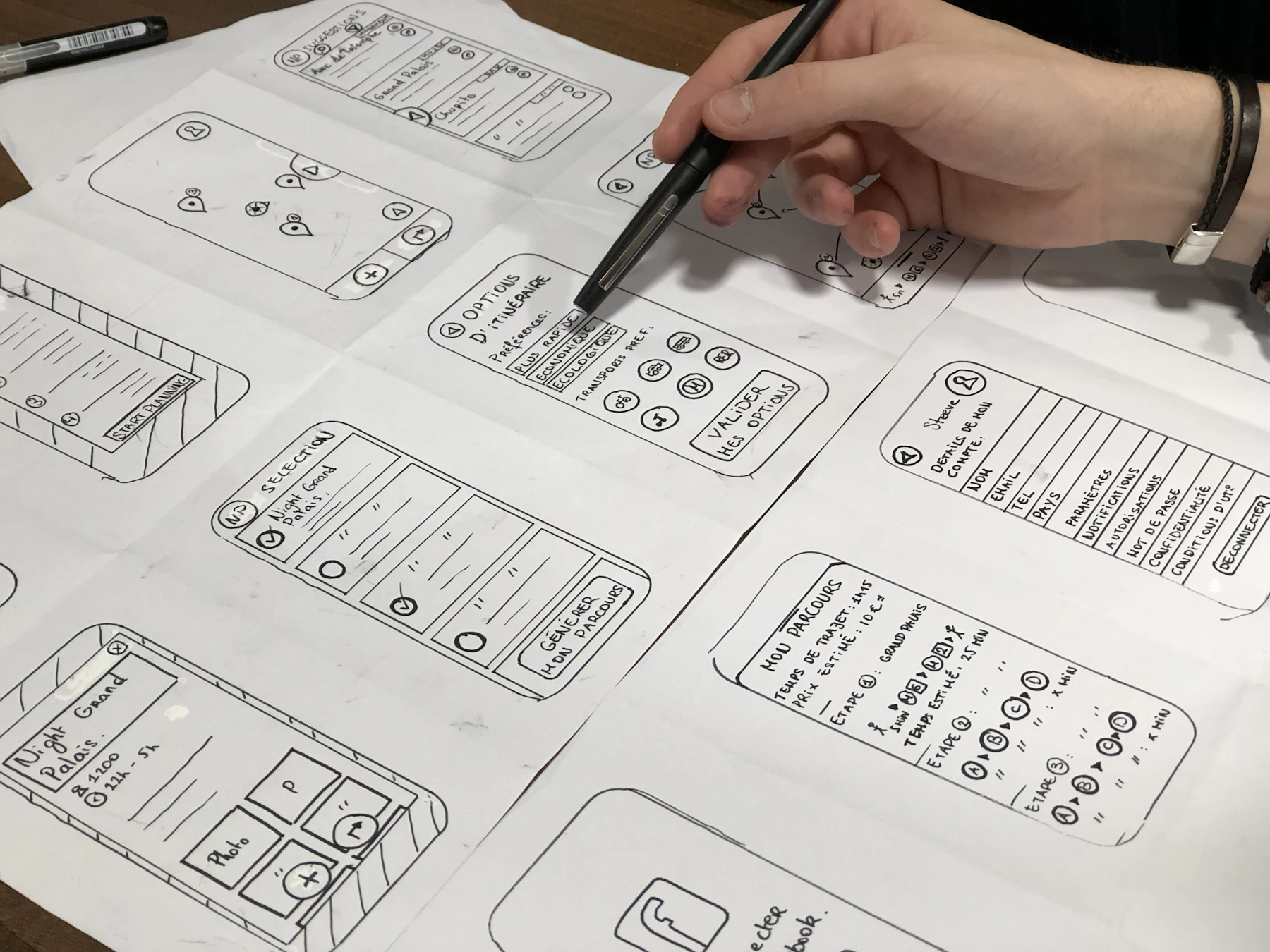 Une main dessine les écrans d’un site sur papier